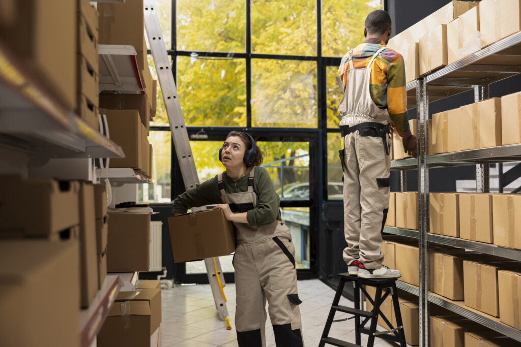 Small depot employee moves cardboard boxes with music on headset